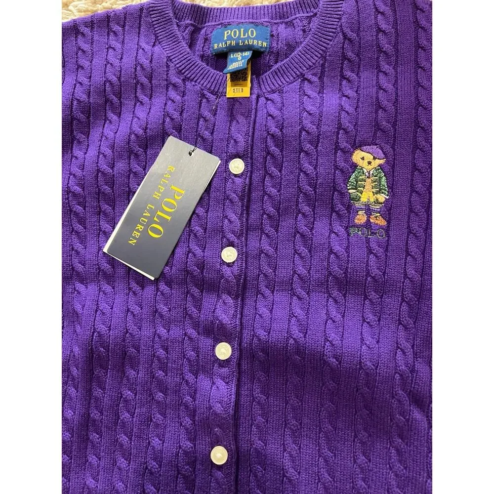 NWT❤️Polo Ralph Lauren Big Girls Polo Bear Mini Cable Cotton Cardigan szL